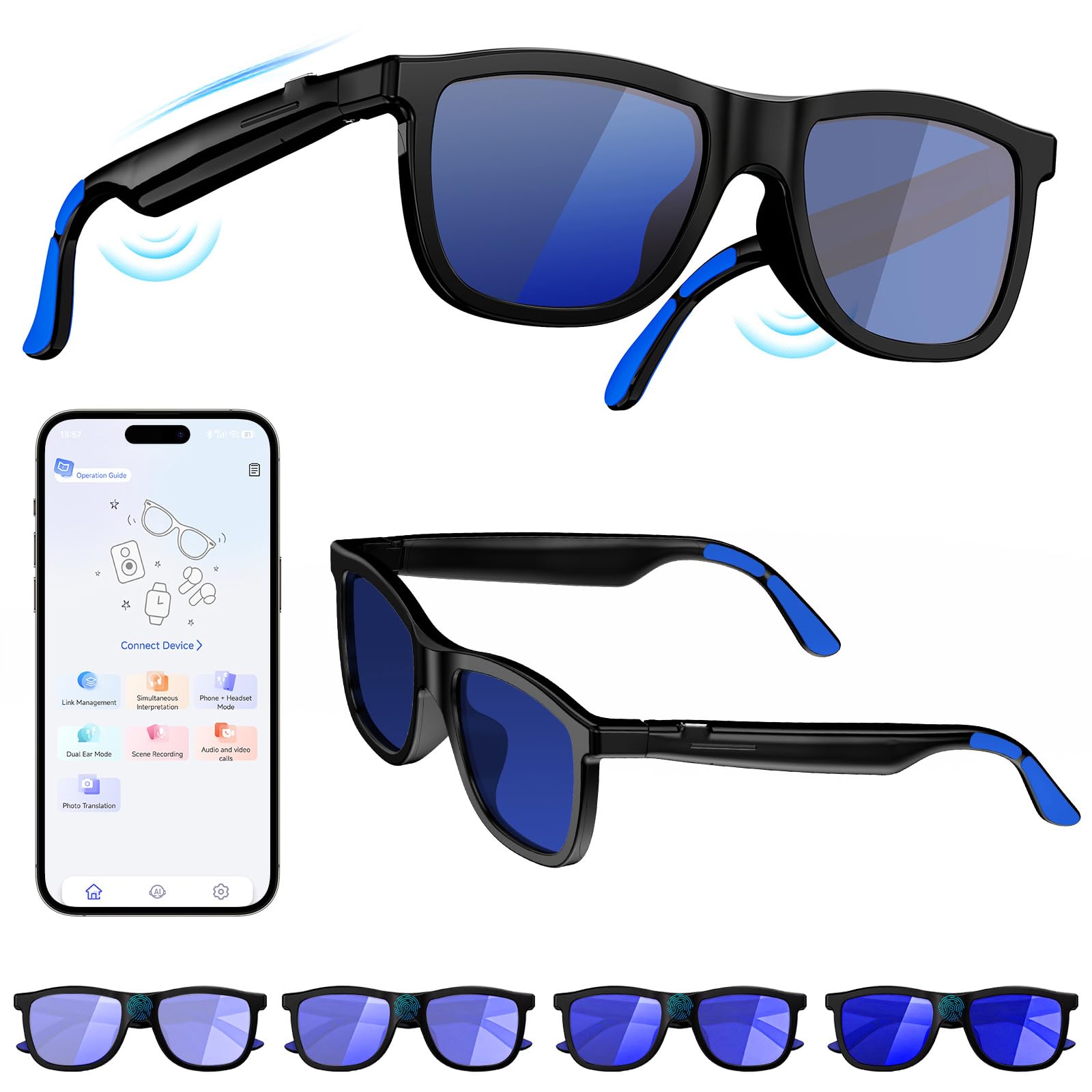 AI Smart Glasses with Electrochromic Lenses, Open Ear Music& - Product Imagery