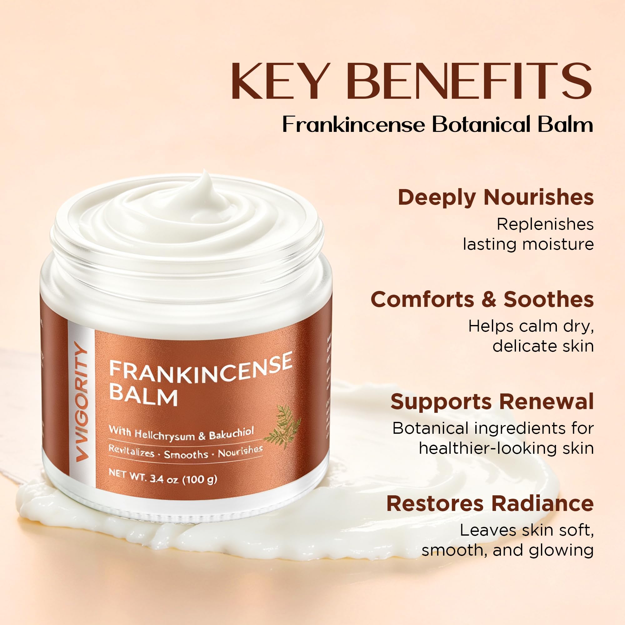 Vigority Frankincense Balm for mature skin in a 3.4 oz jar, natural moisturizer with frankincense for skin hydration and care.