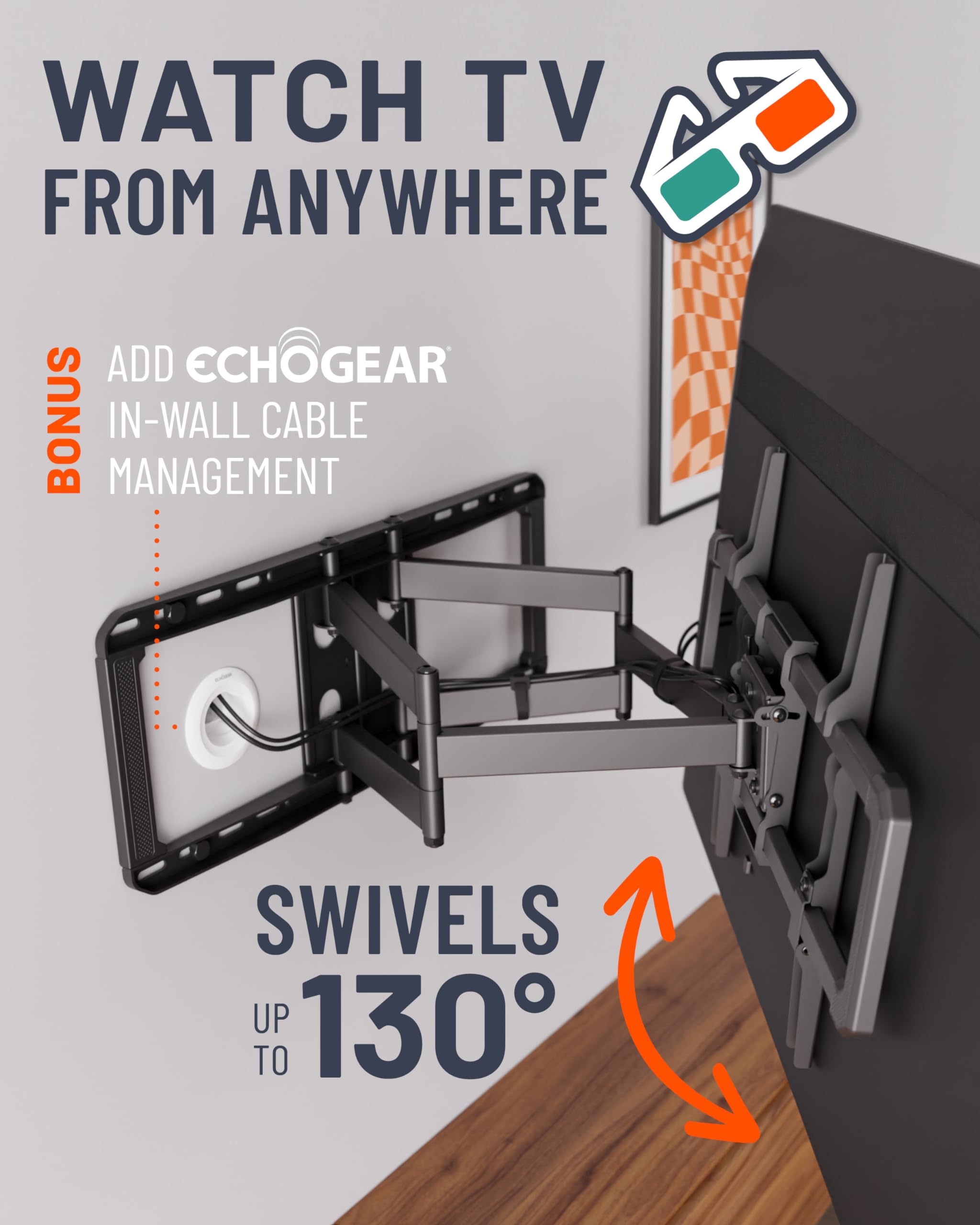 ECHOGEAR MaxMotion TV wall mount for large flat-screen TVs 42-90 inches, with full motion swivel, tilt, and extension.