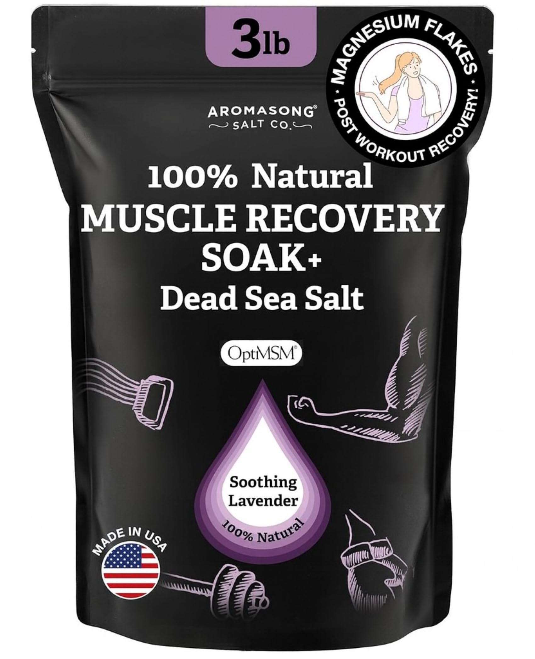 Aromasong Muscle Recovery Bath Soak for Muscle | Sore Muscle Soak with Dead Sea Salt, OptiMSM, Magnesium Flakes & Essential Oils | 3 Lb. - Made in USA.