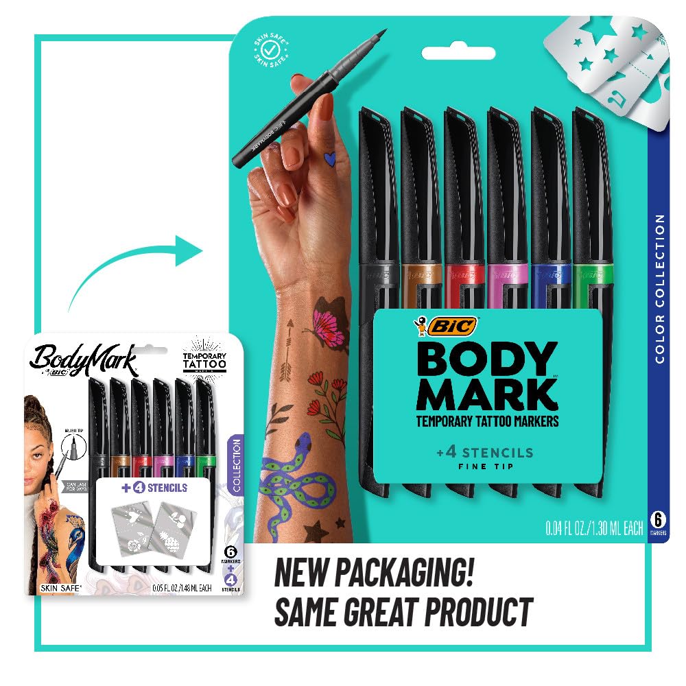 BIC BODYMARK Temporary Tattoo Markers, 6-Count Pack, Color Collection