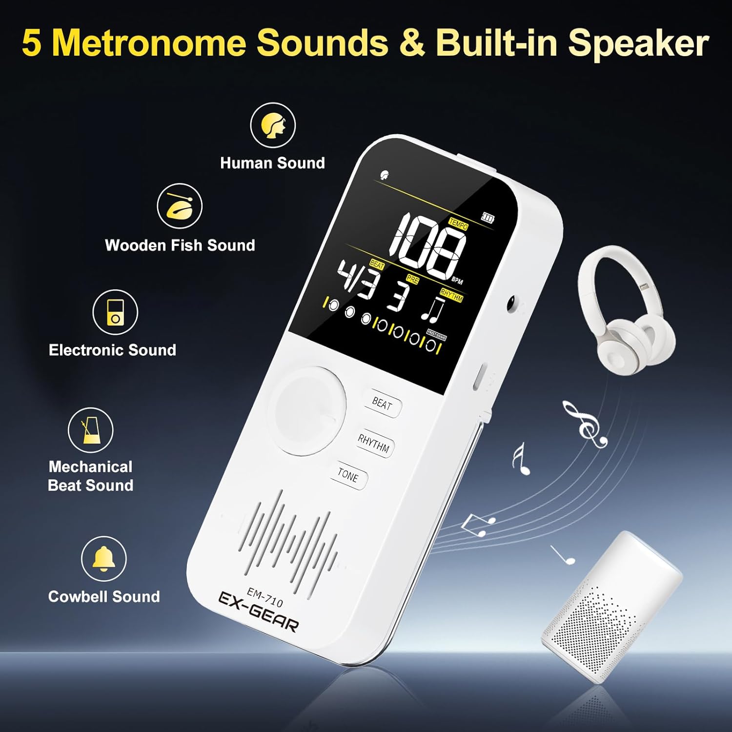 EX GEAR digital metronome with rechargeable battery, color LCD screen, compact electronic device for musicians and timing.