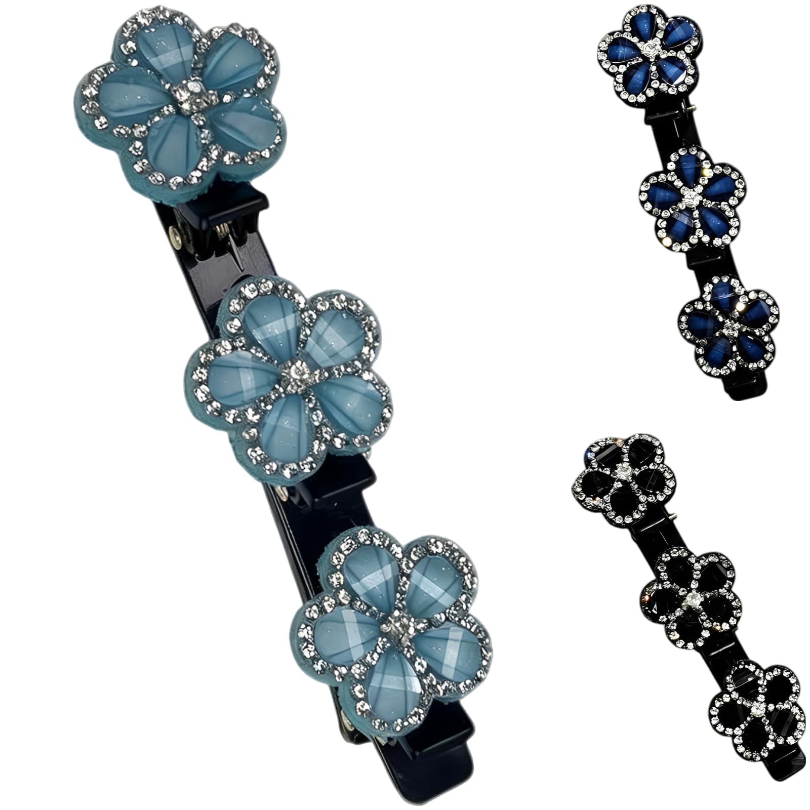 Three braided hair clips with crystal flower and rhinestones, blue and black, for women’s side hair styling or daily accessories.