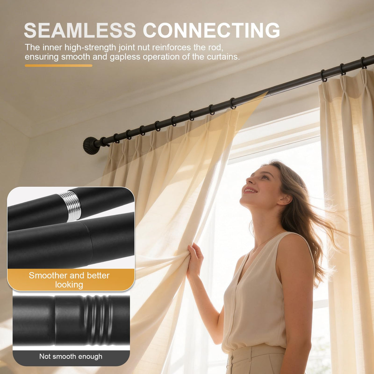1 Inch Diameter Adjustable Splicing Black Curtain Rods with - DOJUWIN Official Imagery - 6