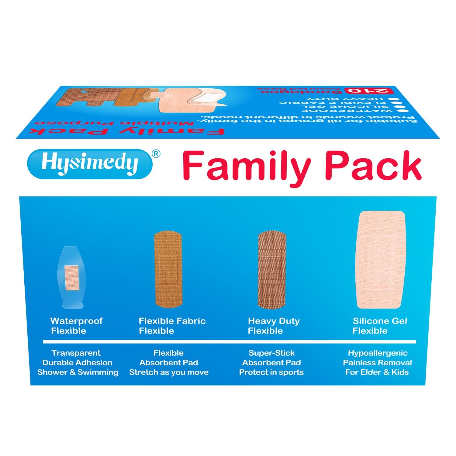 Hysimedy Assorted Bandages Variety Pack 210 Count 4 Styles for Wounds Care
