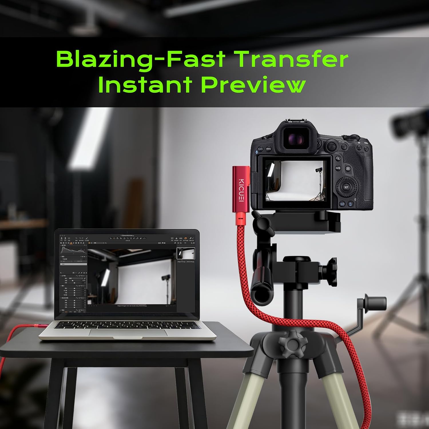 KICUEI USB-C to USB-C tethering cable, 10ft right angle photography cord, 20Gbps fast data transfer, connected devices.