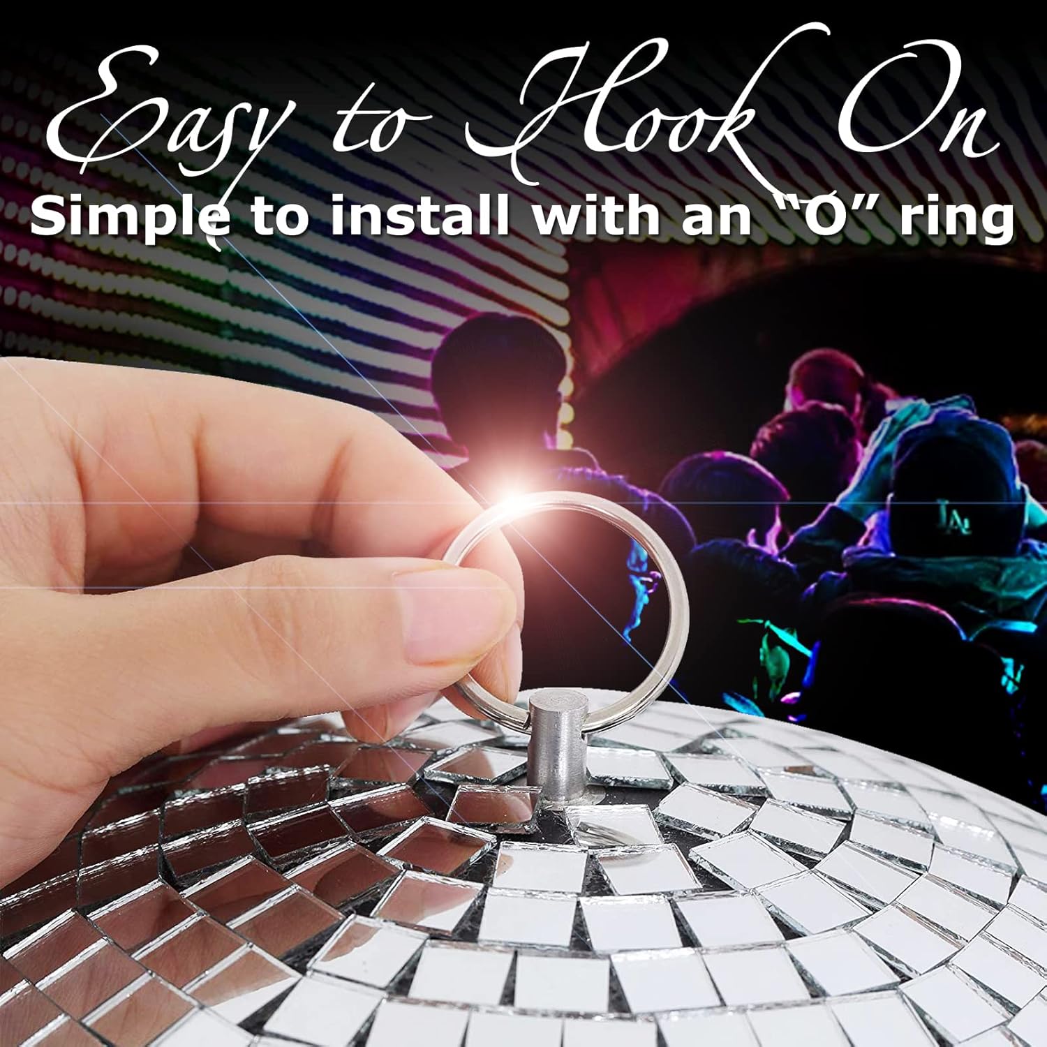 Large 16-inch mirror disco ball by Youdepot hanging for dance parties and disco decor, reflecting light with mirror panels.