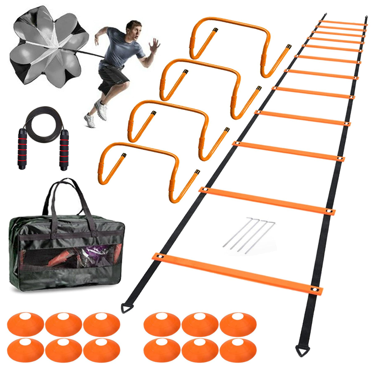 Agility Ladder Set 20ft 4 Hurdles 12 Soccer Cones Jump Rope - ENDIESS Official Imagery - 1