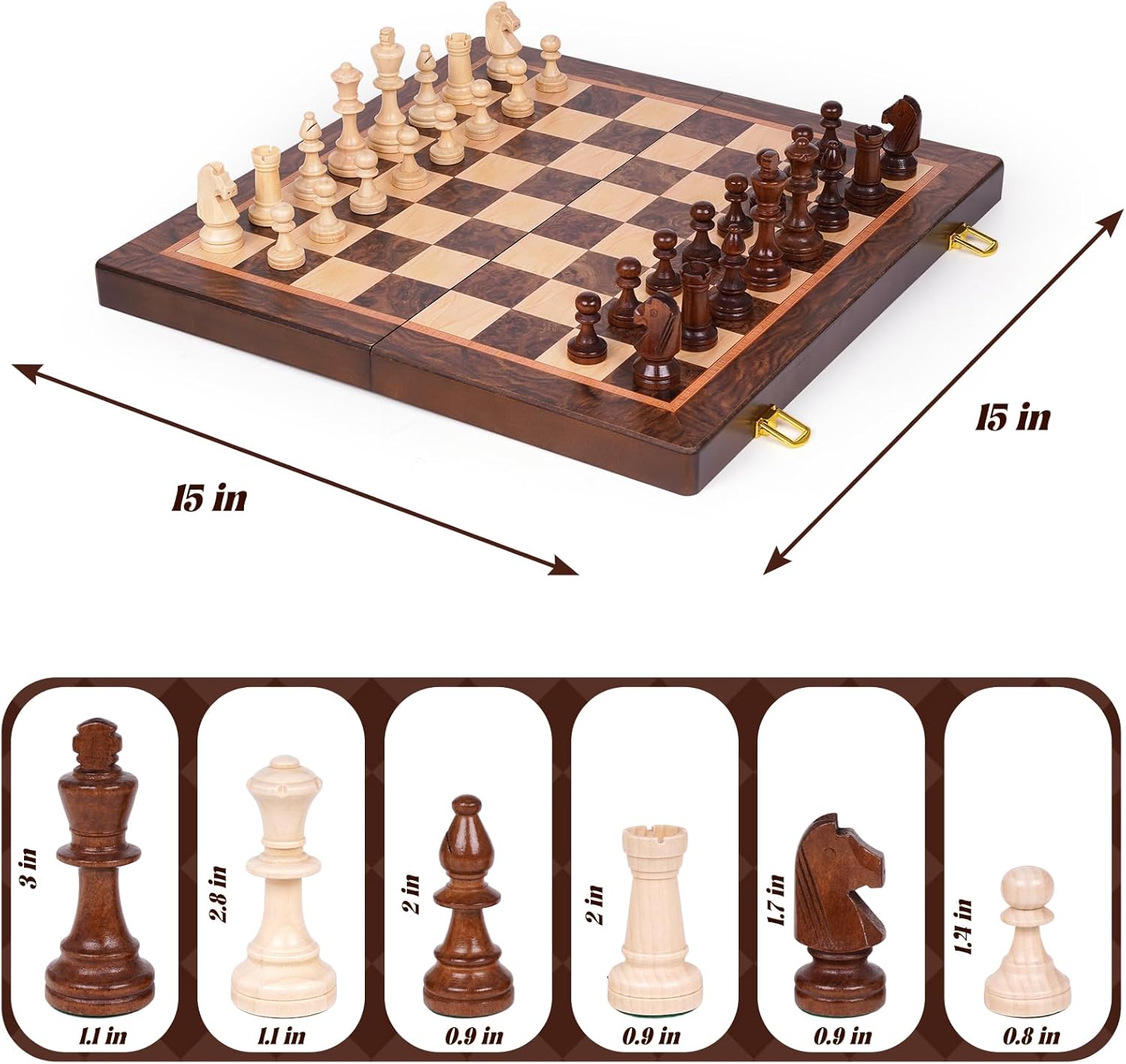 Magnetic 15-inch wooden chess set with folding design and storage, ideal for travel and casual play by XAOHAO.