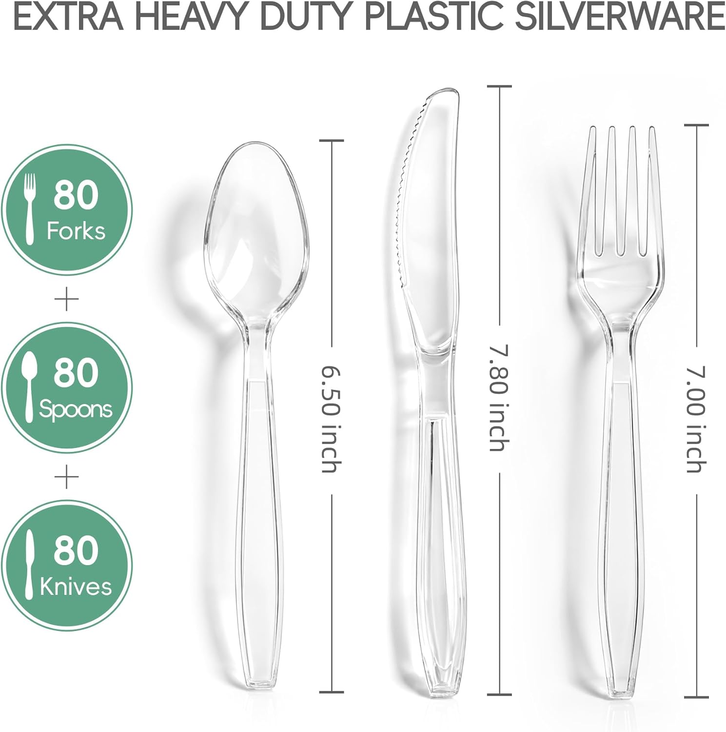 Set of 240 heavy-duty clear plastic silverware including 80 forks, 80 spoons, and 80 knives by QualQuot