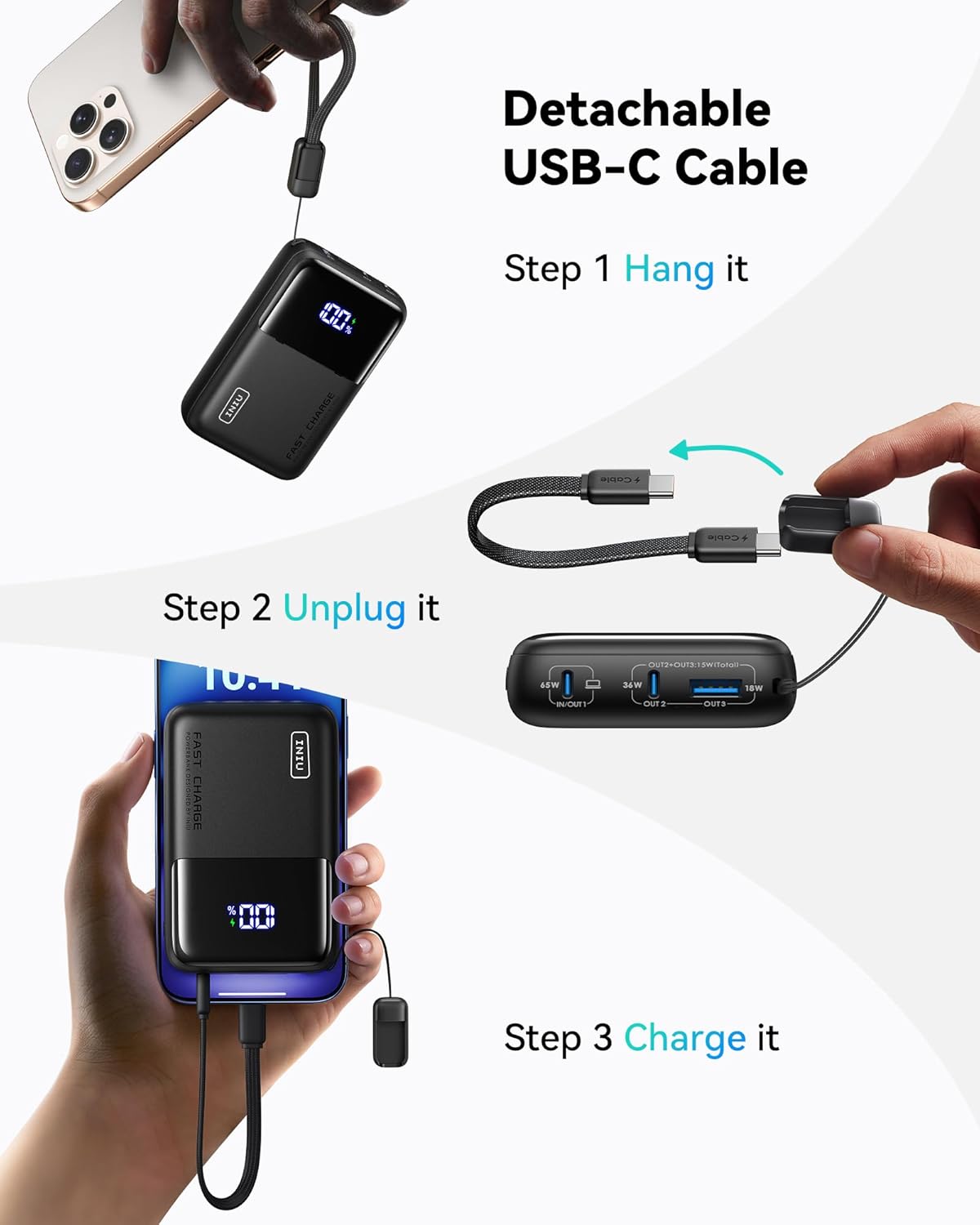 INIU 20000mAh laptop power bank with dual fast charging, compact design, 65W PD port, ideal for portable device charging.