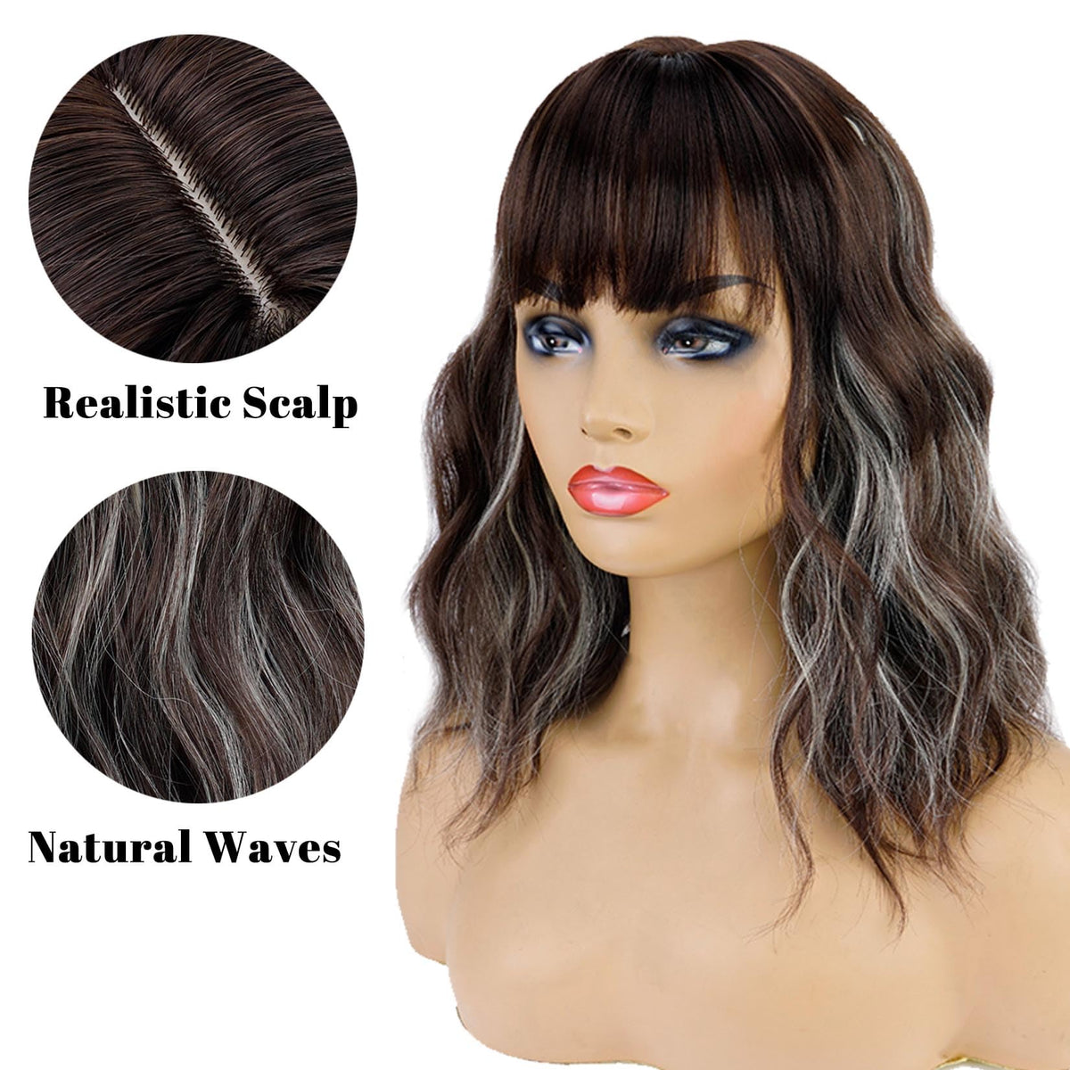 Brown Mixed Blonde Short Bob Wavy Wig with Bangs for women - andromeda Official Imagery - 4