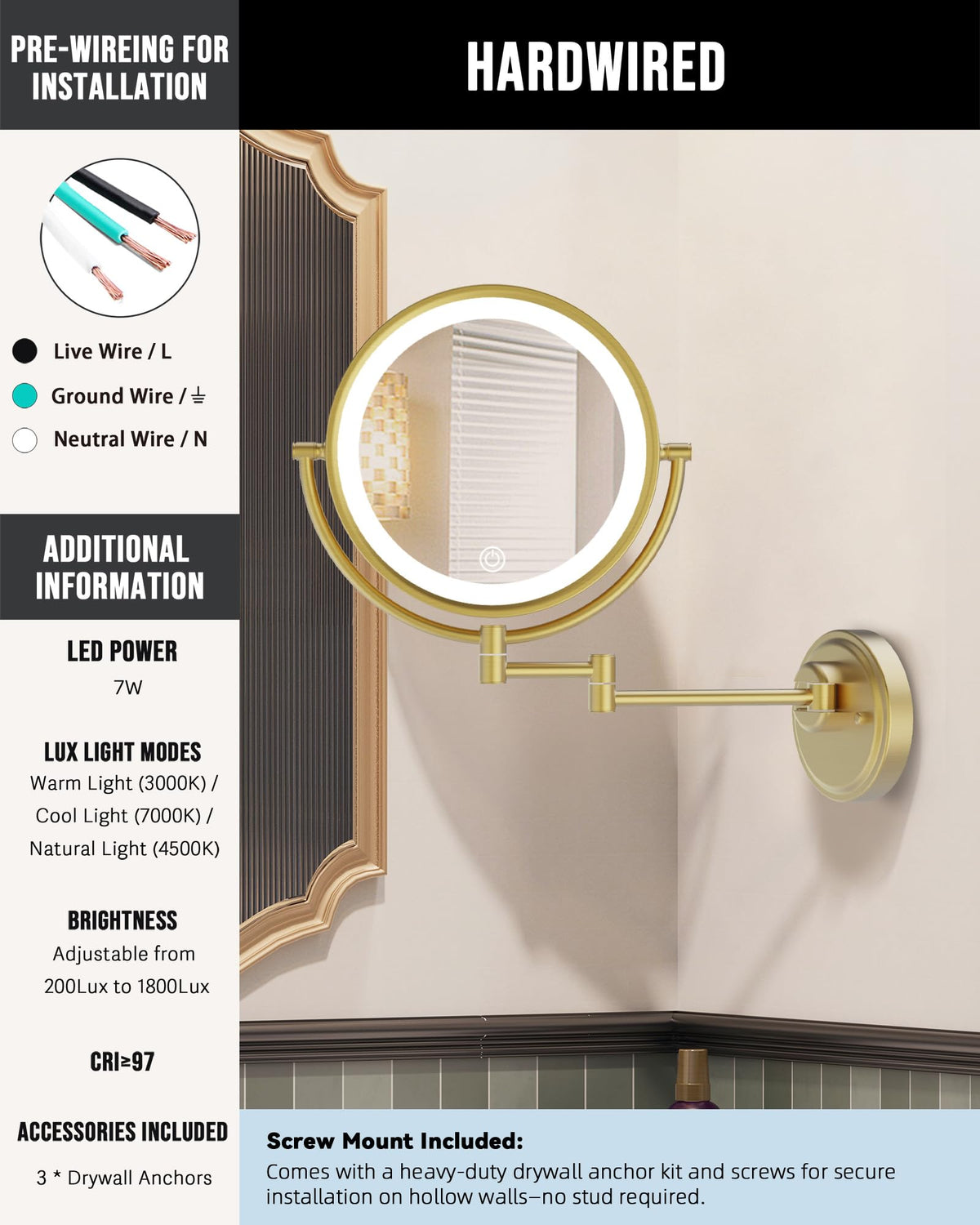 10 Brass Wall Mounted Makeup Mirror with Lights and - BrassyColux Official Imagery - 4