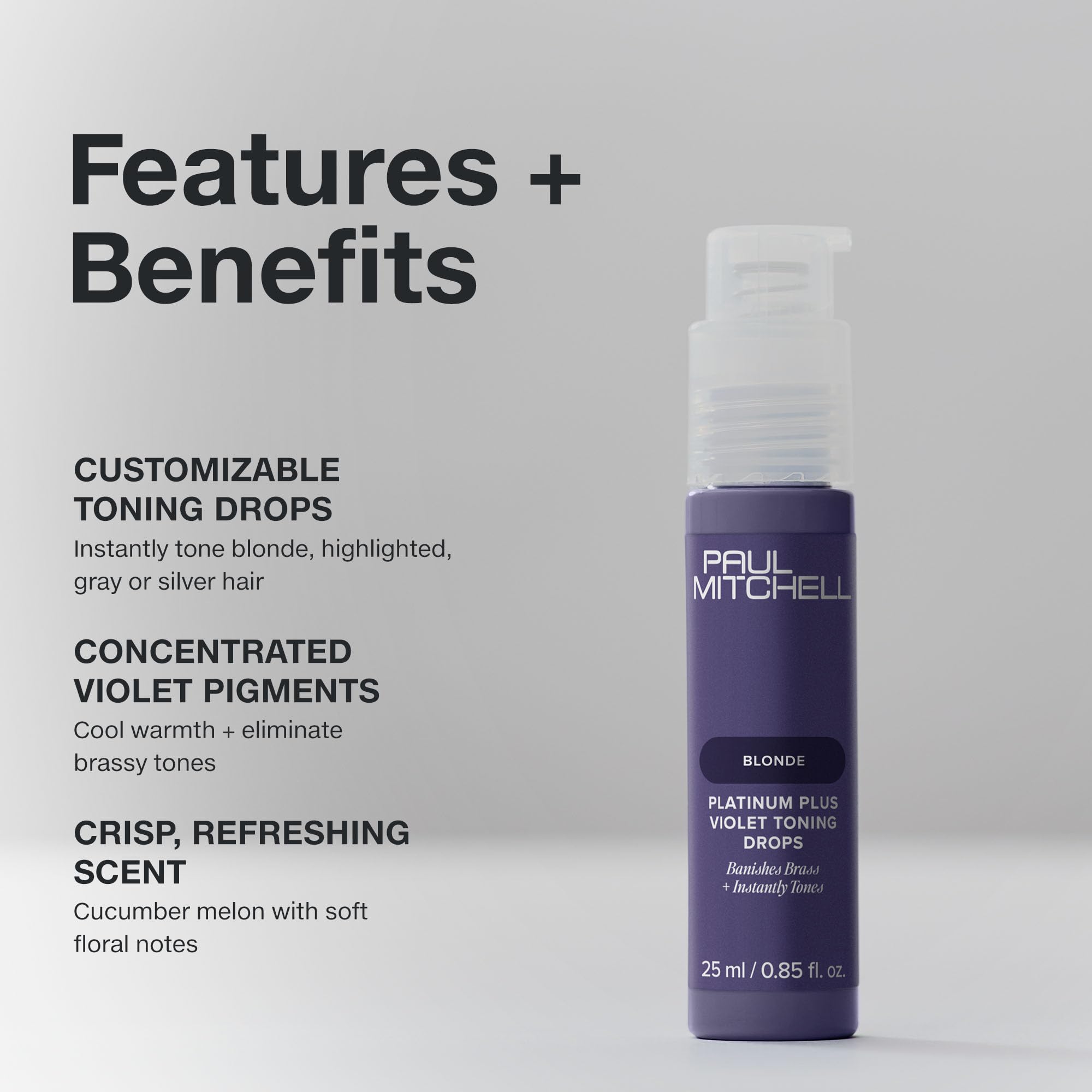 Paul Mitchell Platinum Plus Violet Toning Drops, Banishes Brass + Intensely Tones, Ideal for Blonde, Highlighted, Gray or Silver Hair, 0.85 fl. oz