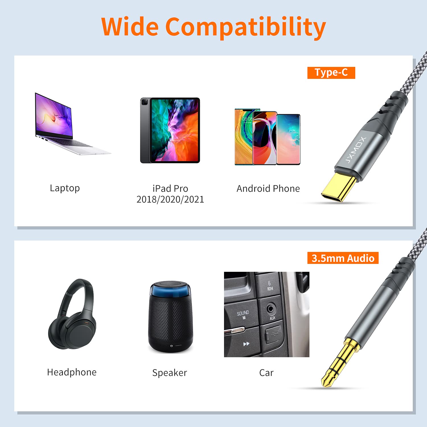 JXMOX USB C to 3.5mm Audio Aux Jack Cable  , Type C to 3.5mm Head - JXMOX Official Product View 3
