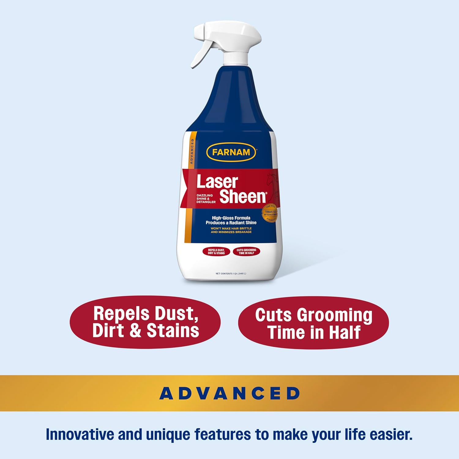 Farnam Laser Sheen horse spray with shine and detangler, 32 ounces, showing a horse's glossy coat and spray bottle.