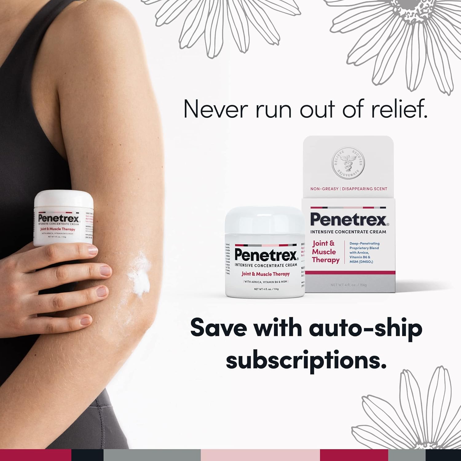Penetrex Joint & Muscle Care soothing massage cream in a 4oz non-greasy jar, designed for pain relief and muscle comfort