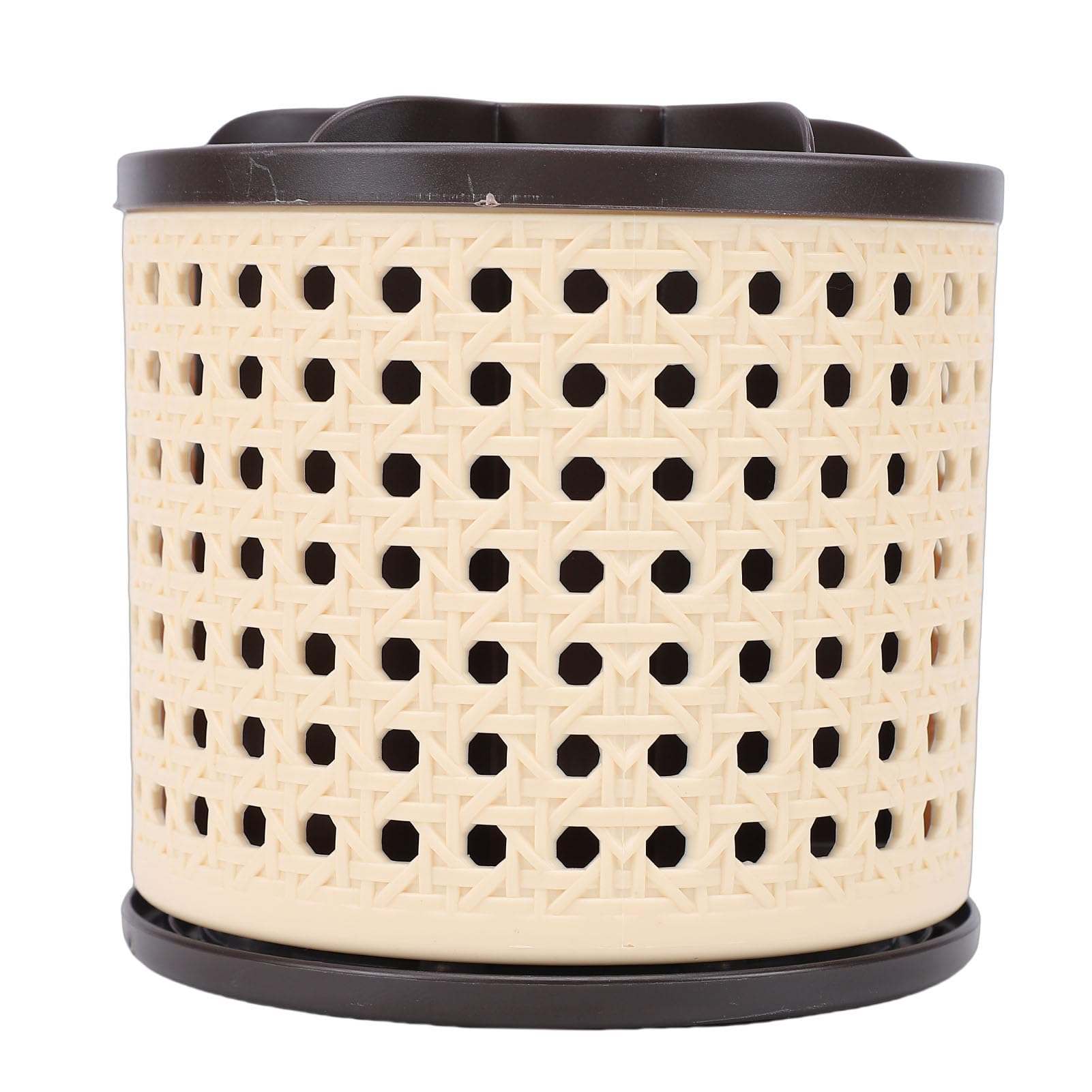 Serounder 360° rotating brown makeup brush holder caddy with multiple compartments for organizing brushes and cosmetics.