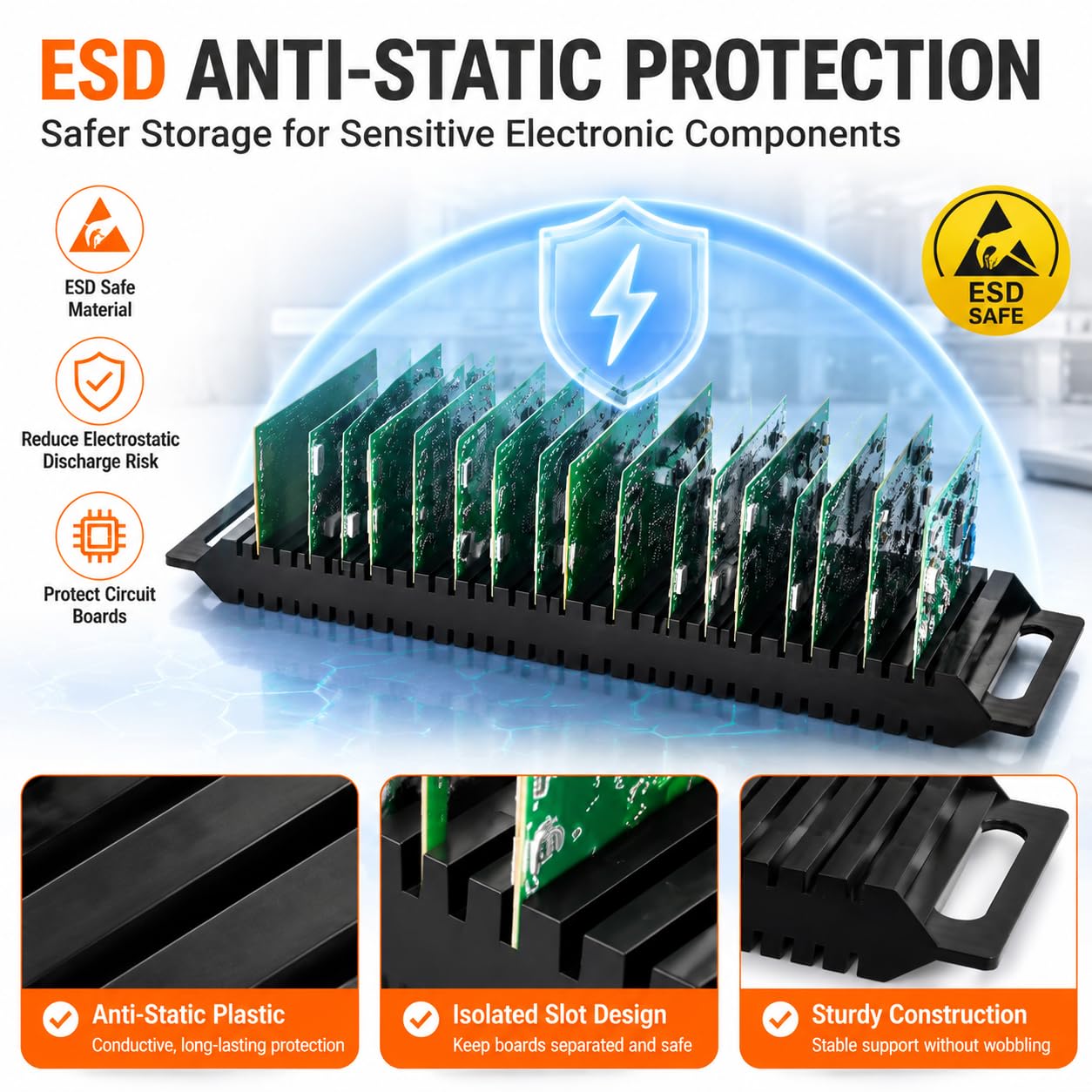 Hemoton professional ESD PCB holder rack with 25 slots, circuit board storage organizer mounted bracket for electronic components.