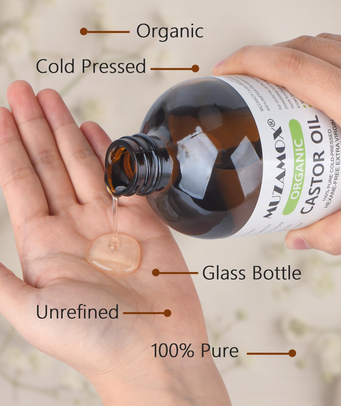 MUZAMOX Castor Oil Pack Wrap 8fl oz Glass Bottle Set Organic - MUZAMOX Official Imagery - 4