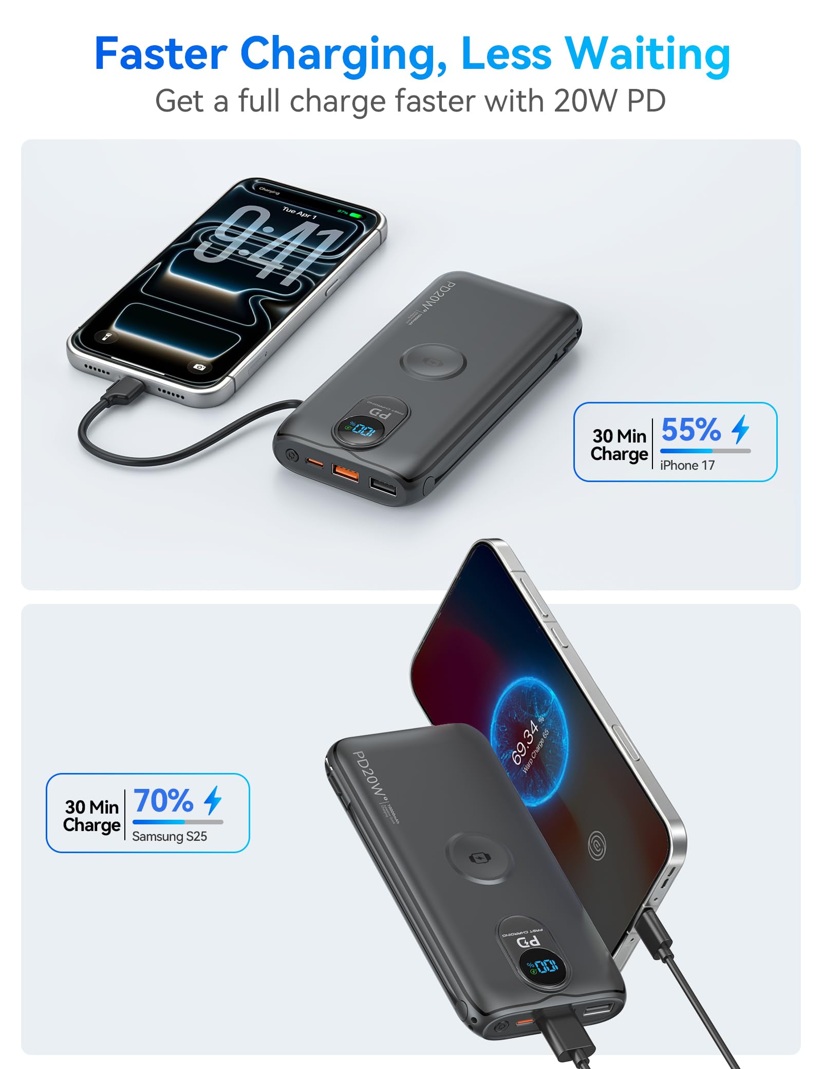 Portable Charger Power Bank 10000mAh PD20W w Built in Cables - LENGSUM Official Imagery - 8