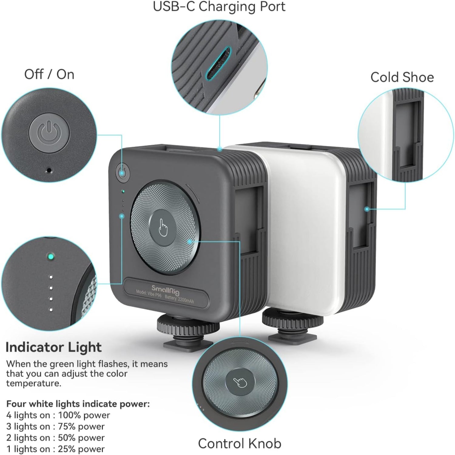 SmallRig P96 LED video light showing 96 LED beads, portable camera lighting for photography and videography.