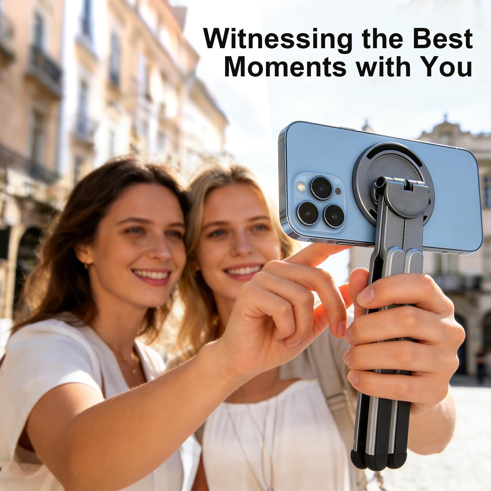 Kosoko 3-in-1 foldable magnetic phone tripod stand with adjustable aluminum holder for tablets, laptops, and smartphones like iPhone and Android.