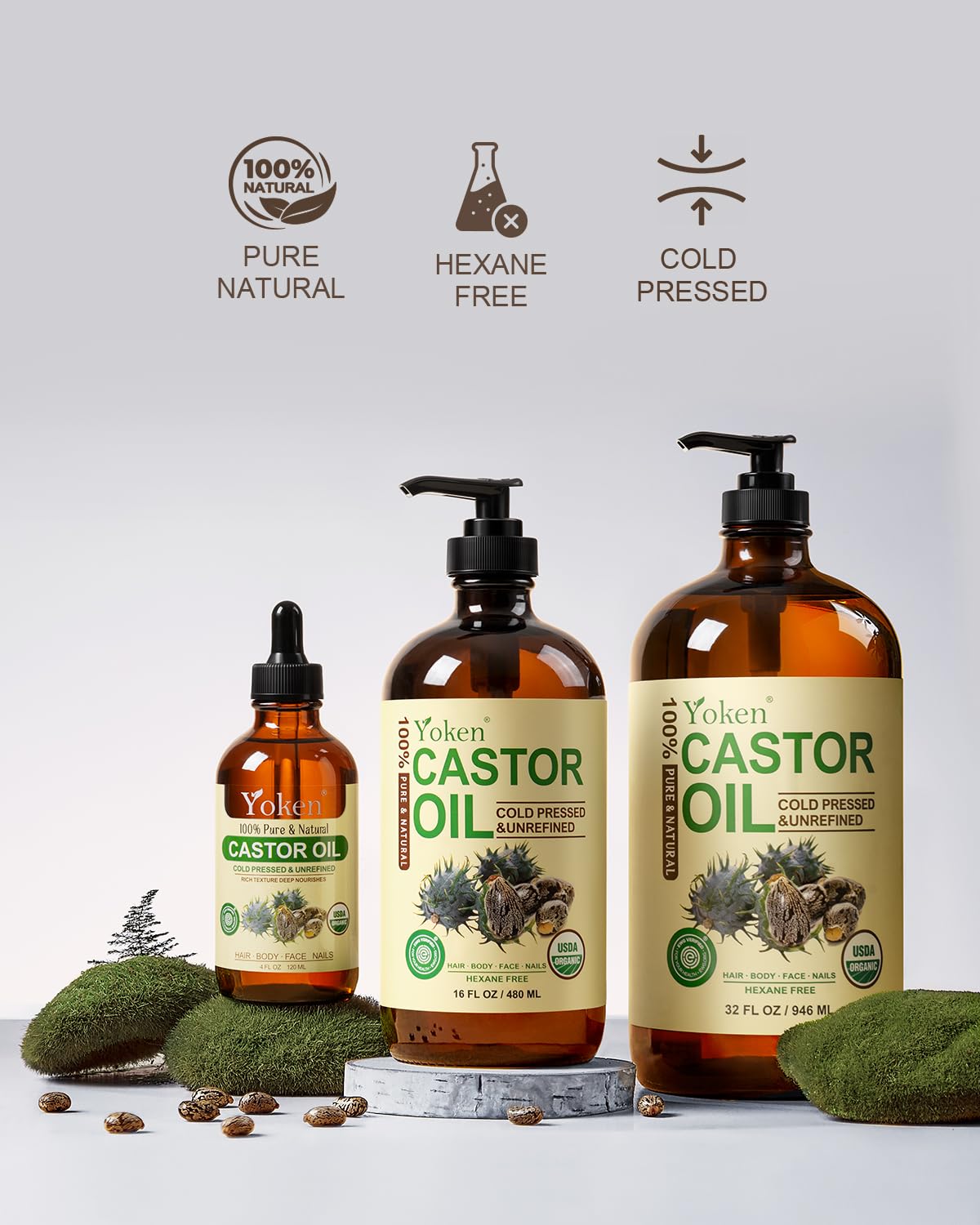 Yoken USDA Organic Castor Oil in a 4oz bottle with roller applicator, cold pressed for skin moisturizing and nourishment.