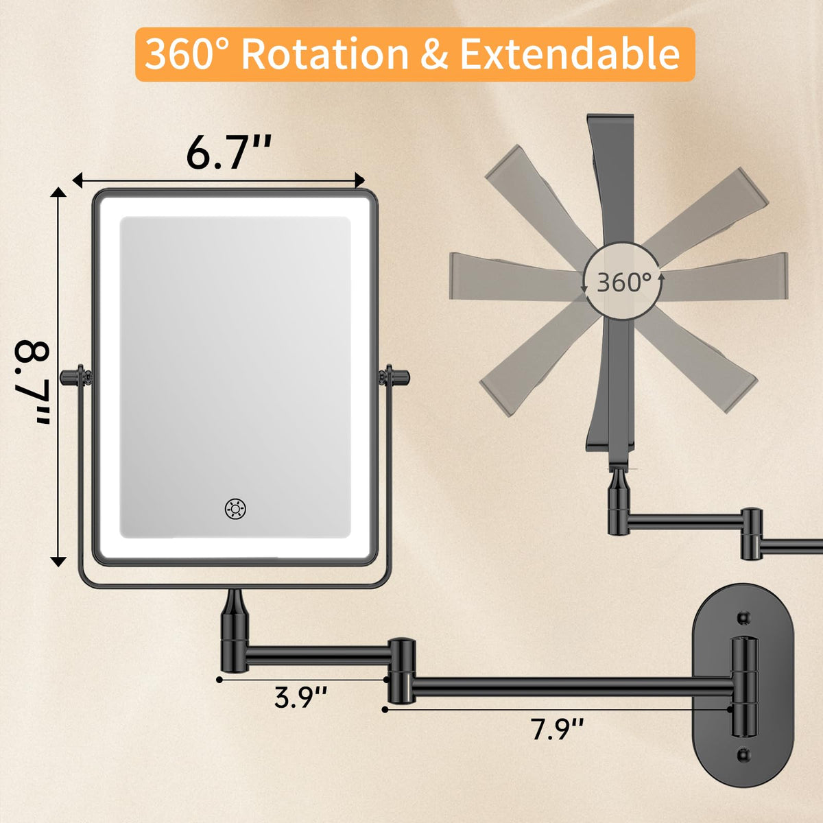 FUNTOUCH 5000mAh Rechargeable Wall Mounted Makeup Mirror - FUNTOUCH Official Imagery - 3