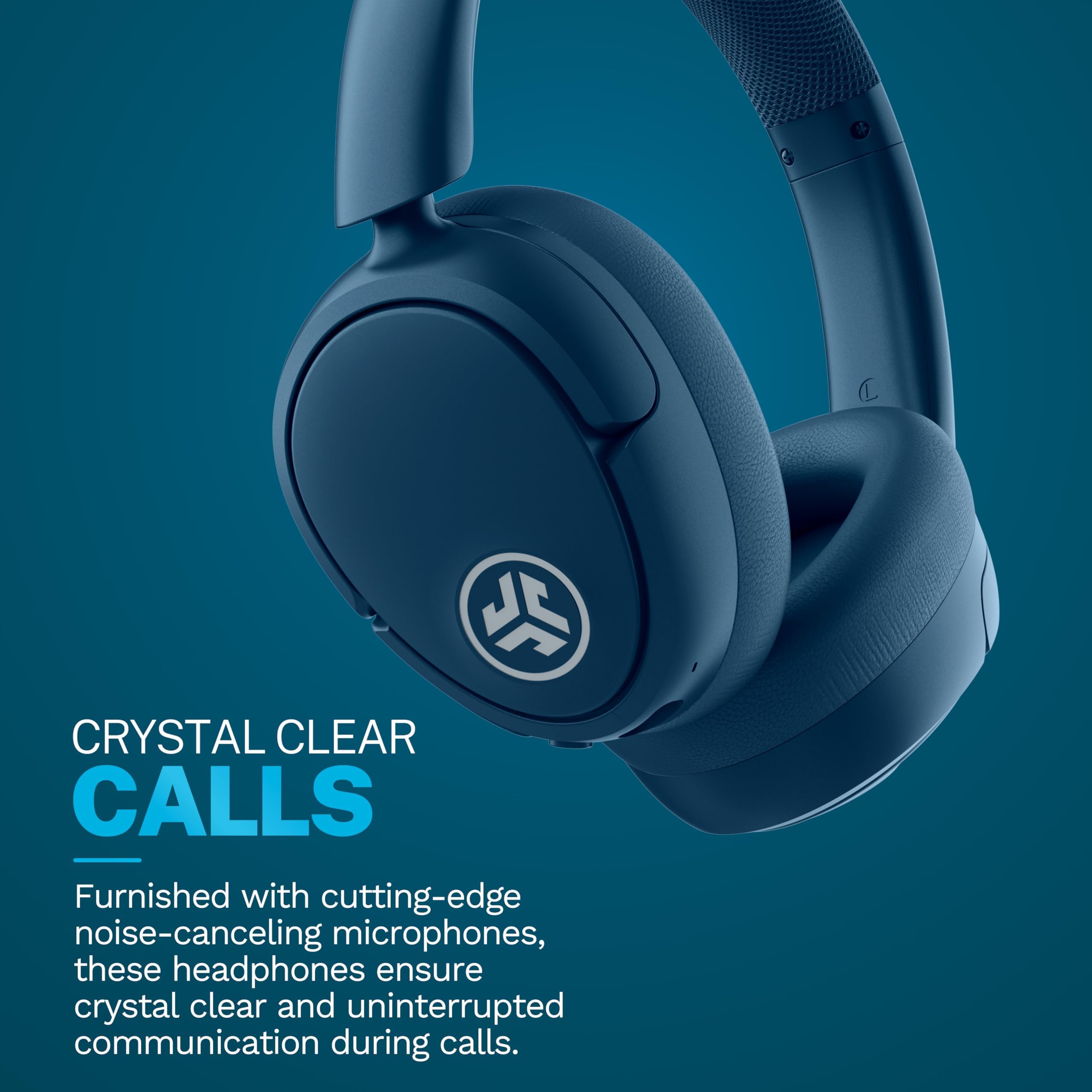 JLab JBuds Lux ANC over-ear headphones in navy with active noise cancelling and Bluetooth connectivity.