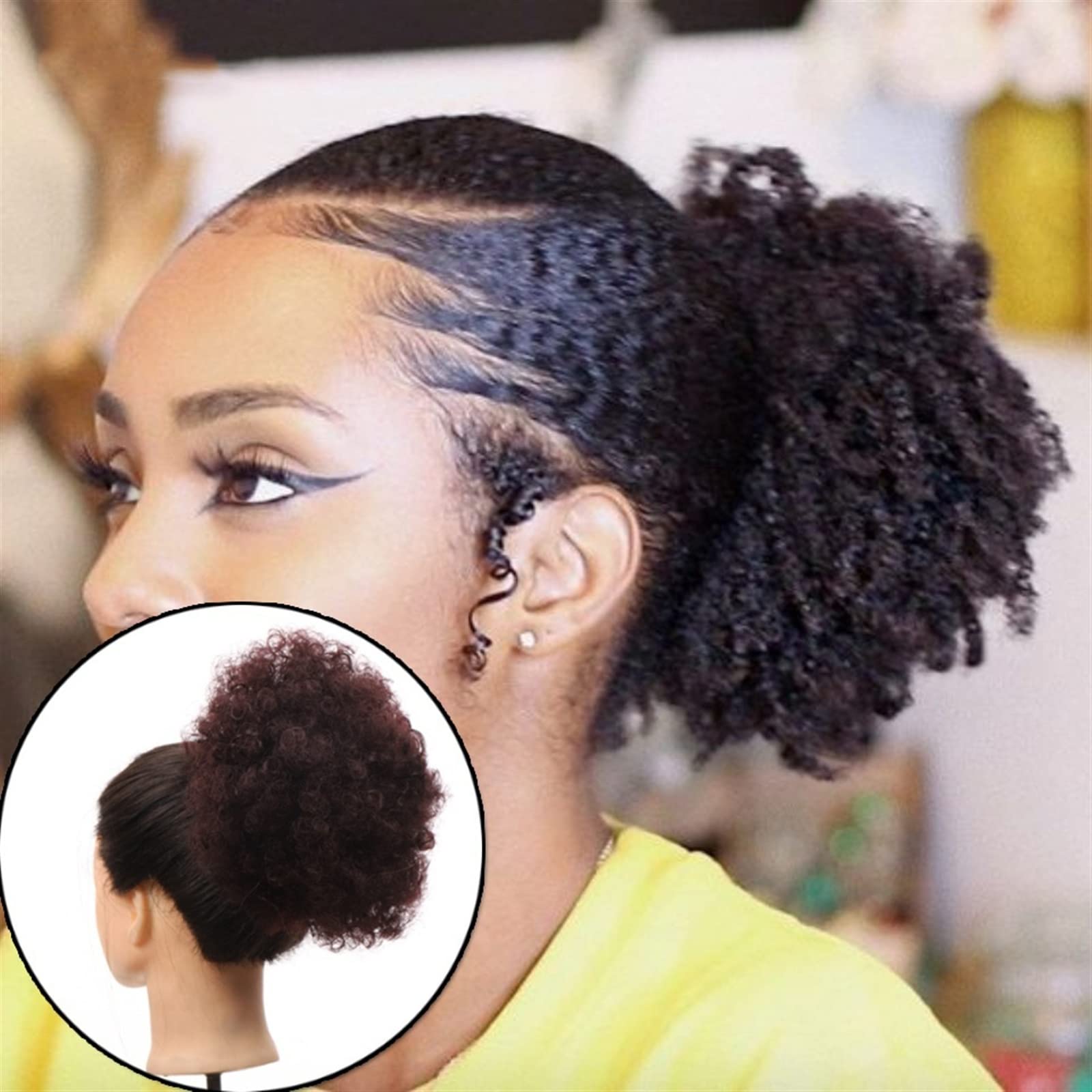 HASMI synthetic messy bun hair piece in Afro kinky curly style, black women’s drawstring ponytail extension with short afro puff.