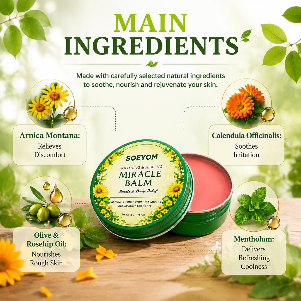 SOEYOM Miracle Balm cooling body and muscle relief moisturizer in a 50g jar, designed for soothing skin and muscle comfort.