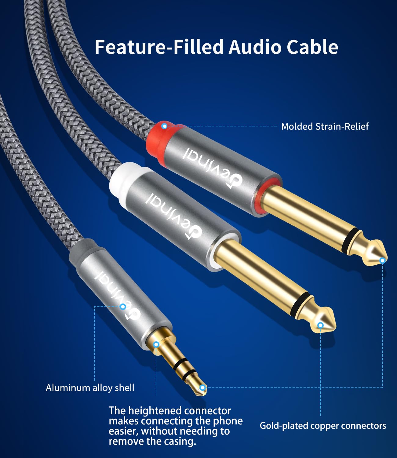 Devinal 3.5mm TRS to Dual 6.35mm TS Mono Audio Cable, 3.3FT, Brai by Devinal - Angle View 3
