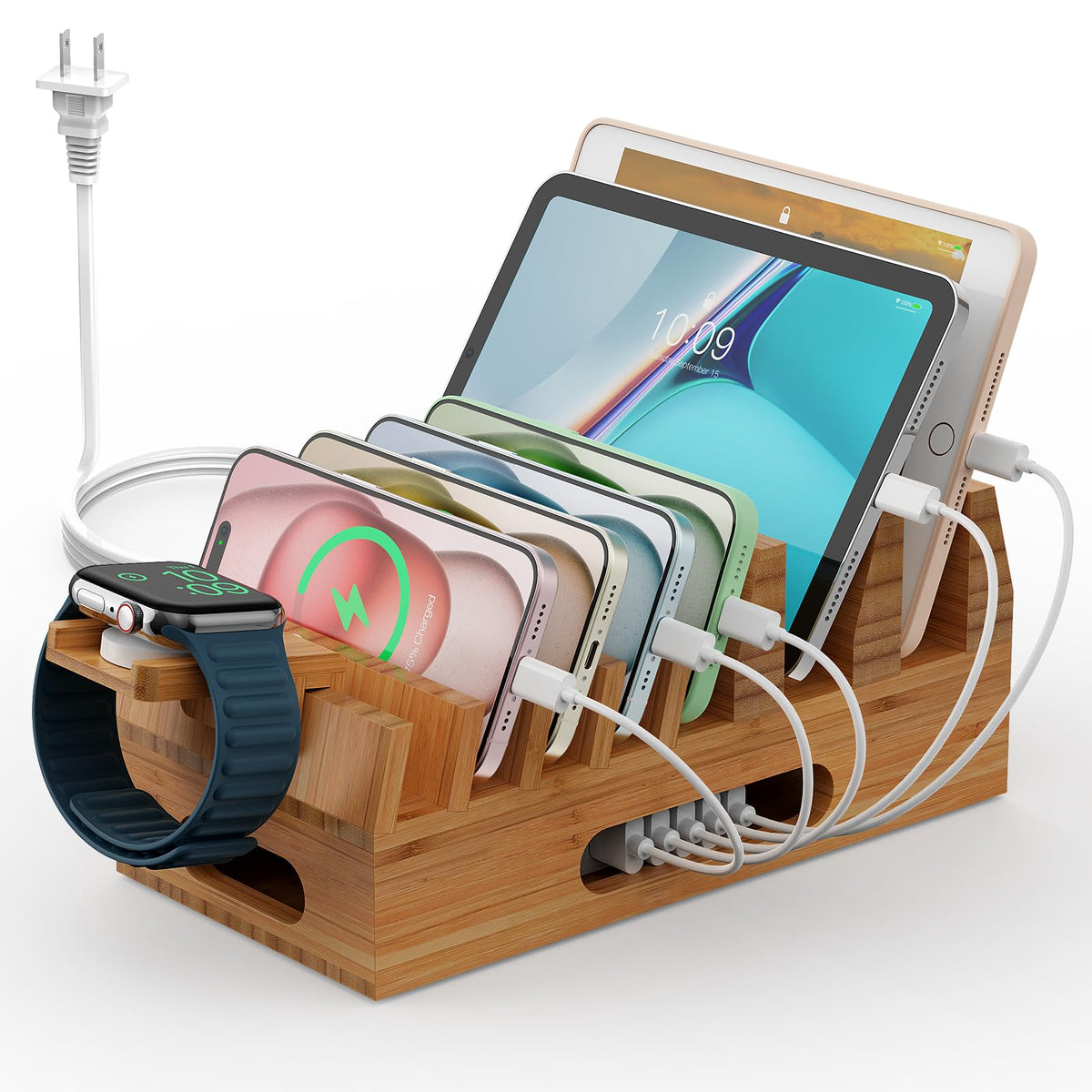 Bamboo Charging Station with 5 Port USB Charger 5 Cables - Pezin & Hulin Official Imagery - 1