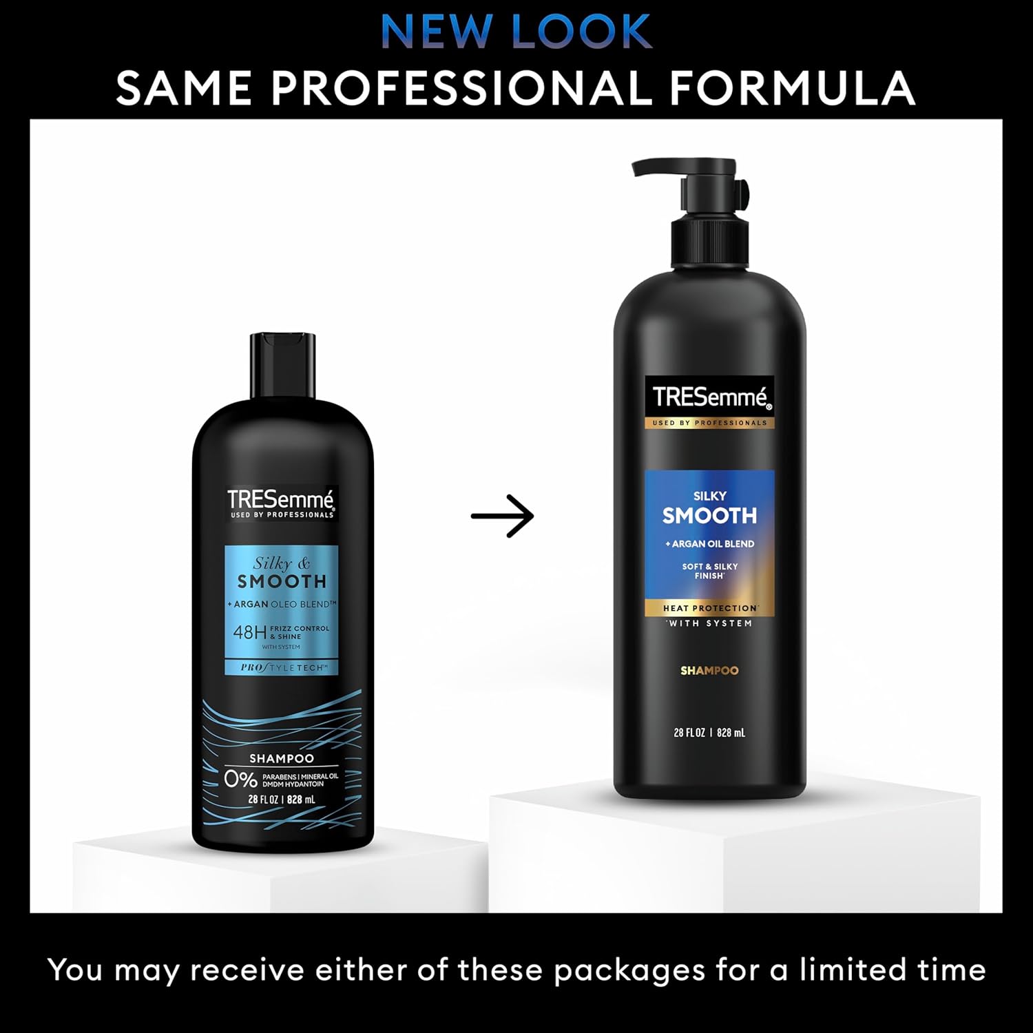 TRESemmé Silky & Smooth Anti-Frizz Shampoo for frizzy hair, 28 fl oz bottle, shown in a pack of six on a white background.