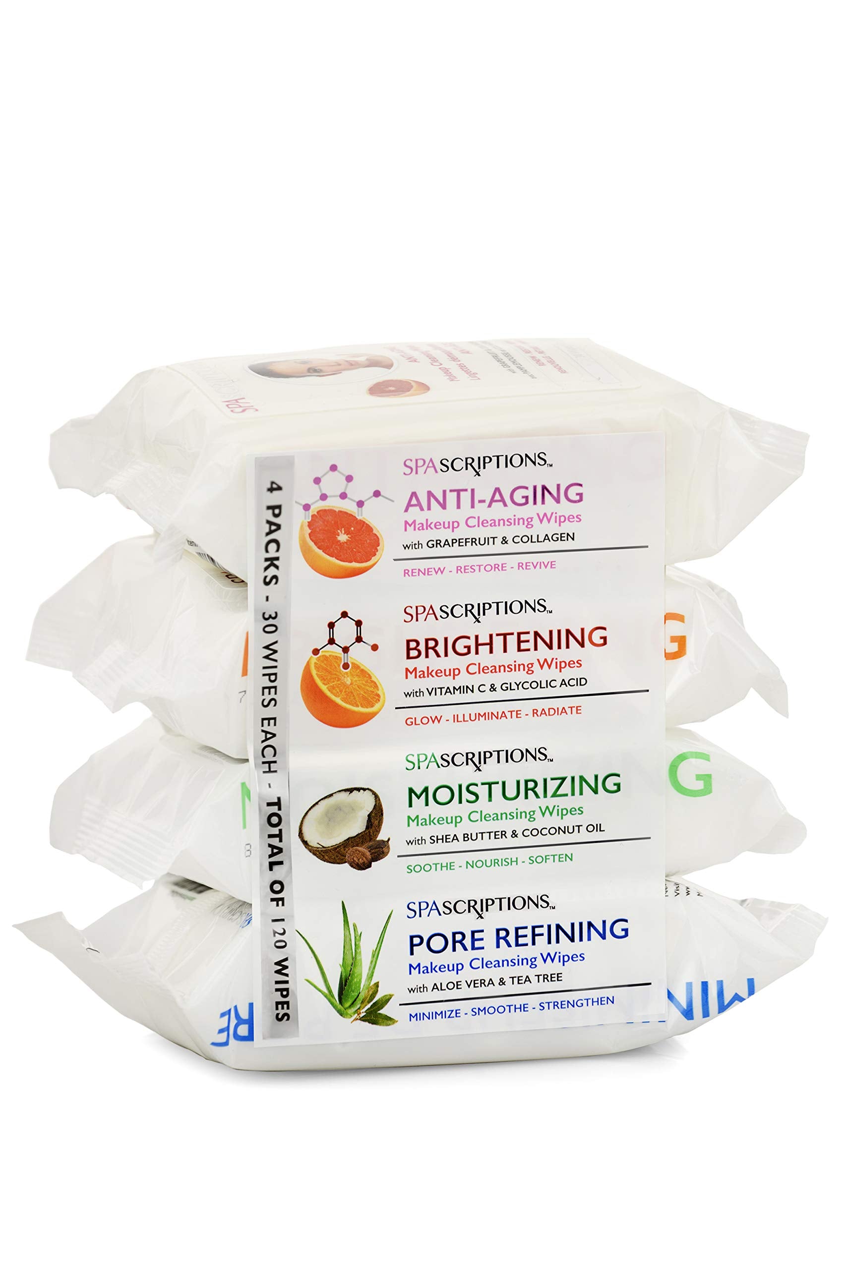SpaScriptions Makeup Cleansing Wipes 30 CT, Variety 4 pack,02786 - Global Beauty Care
