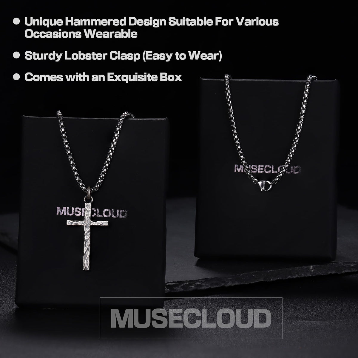 925 Sterling Silver Cross Necklace for Men Box Cuban Figaro - MUSECLOUD Official Imagery - 6