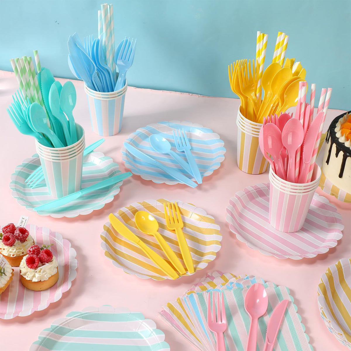 Potchen 220 Pcs Pastel Stripe Plate Party Decor Supplies for - Potchen Official Imagery - 5