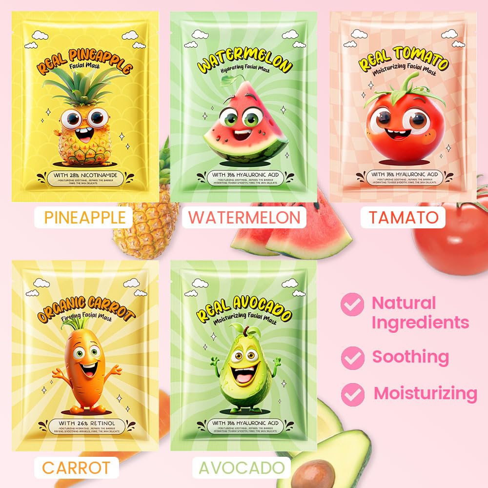 10 Pack Fruit Face Masks for Kids, Kids Face Mask Spa Day Kit - Kaely