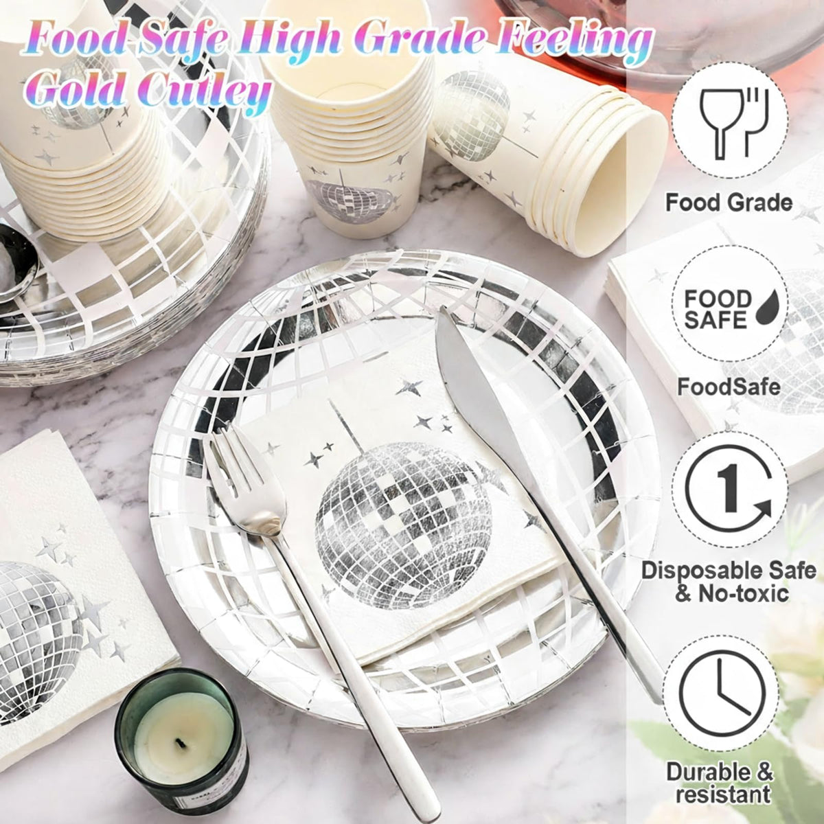 Gerrii 150 Pcs Disco Party Plates Cups Napkins Decorations - Gerrii Official Imagery - 4