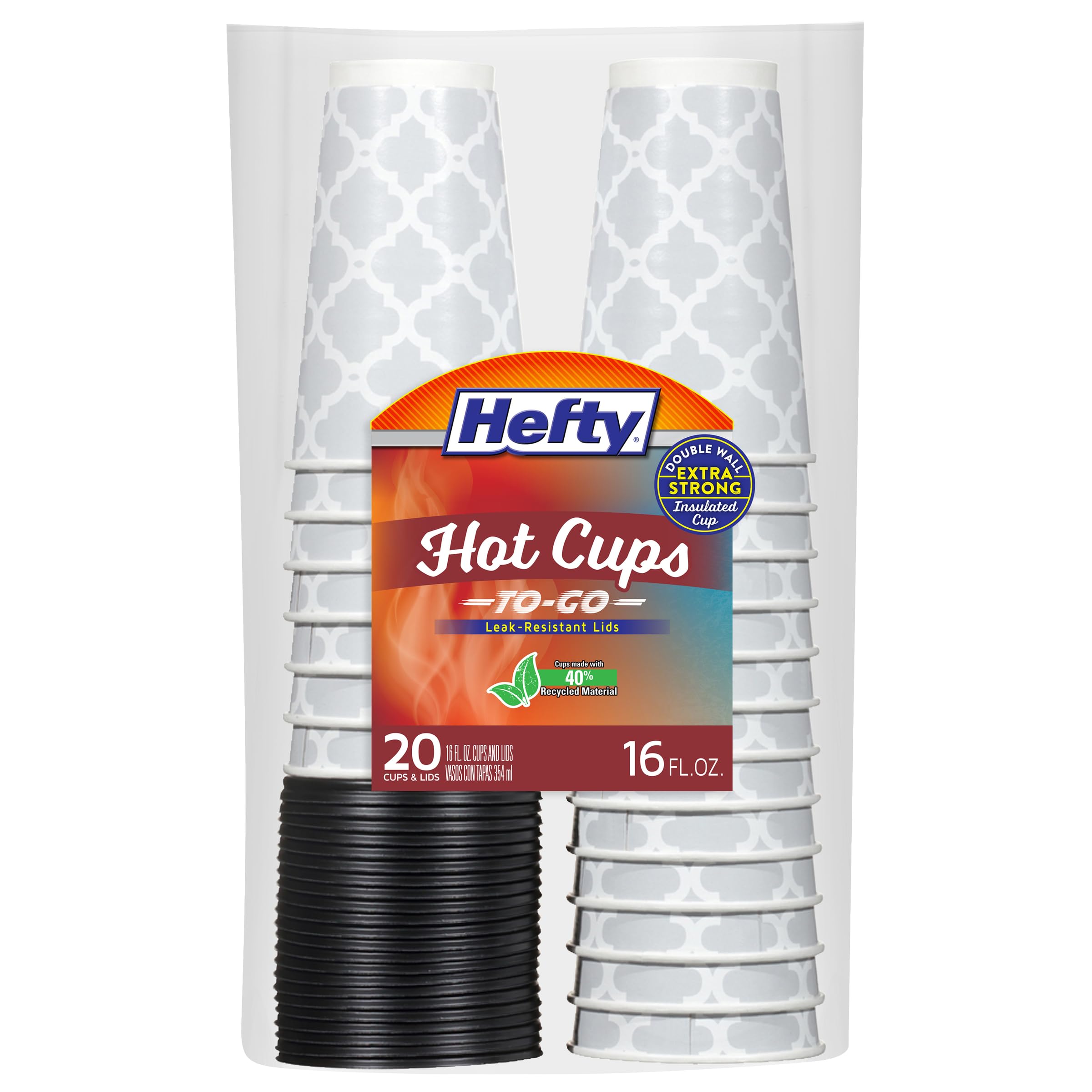 Hefty Disposable Hot Cups with Lids, Insulated Paper Coffee Cups - Product Imagery