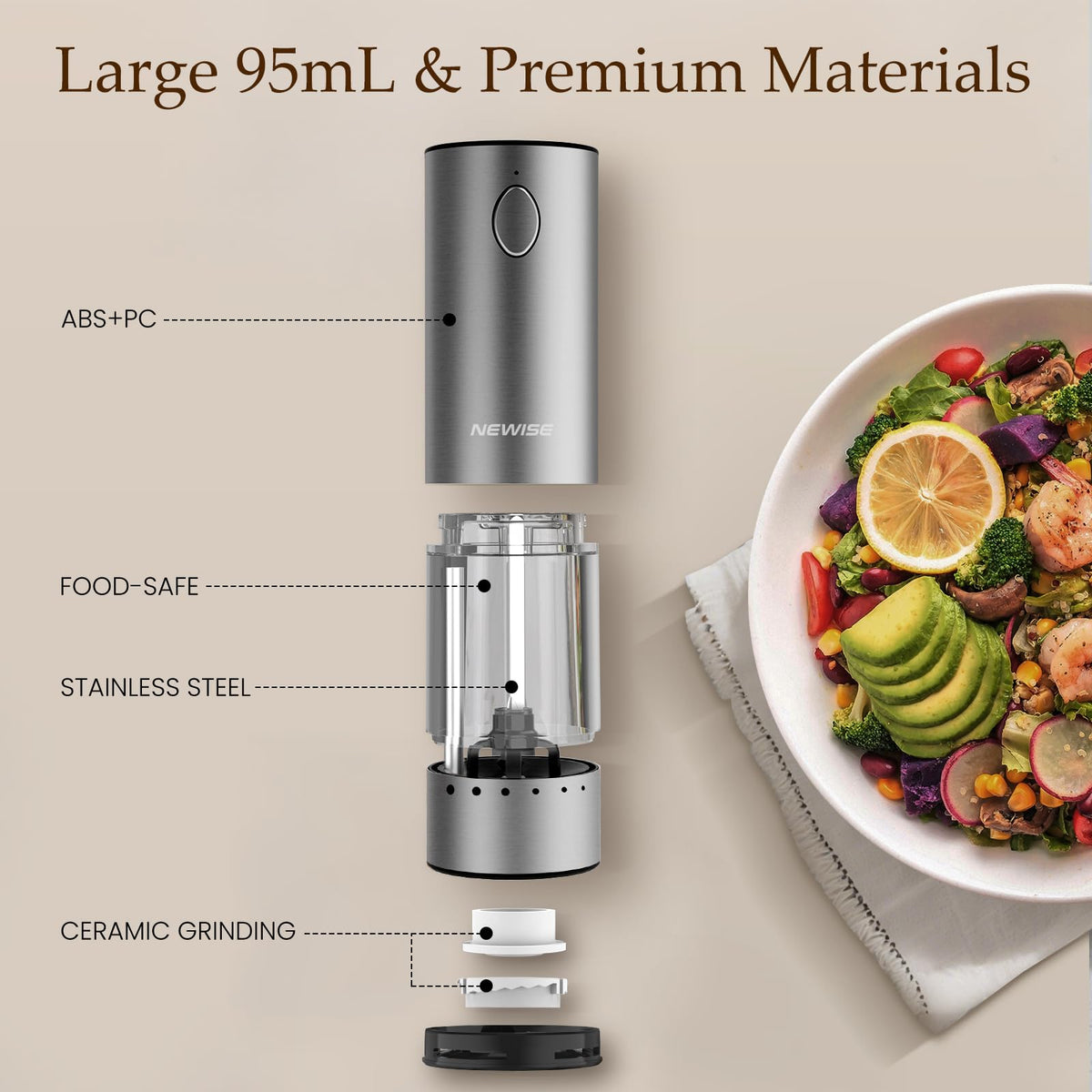 Electric Salt and Pepper Grinder Set Rechargeable Stainless - Newise Official Imagery - 6