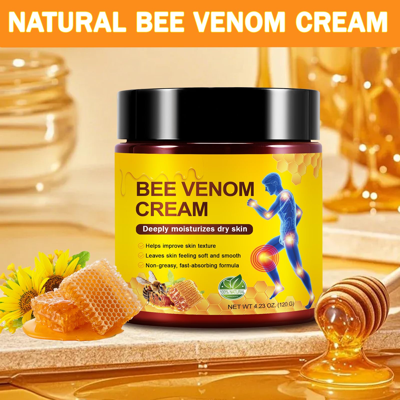 IKZEE Bee Venom Cream natural face and body moisturizer in a jar, showing the cream texture and packaging for skin hydration.