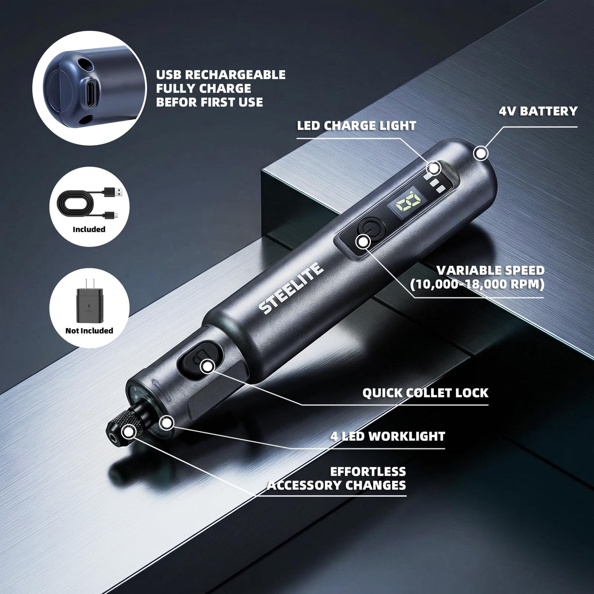 STEELITE Mini Cordless Rotary Tool Kit 6 Speed with 50 - Steelite Official Imagery - 7