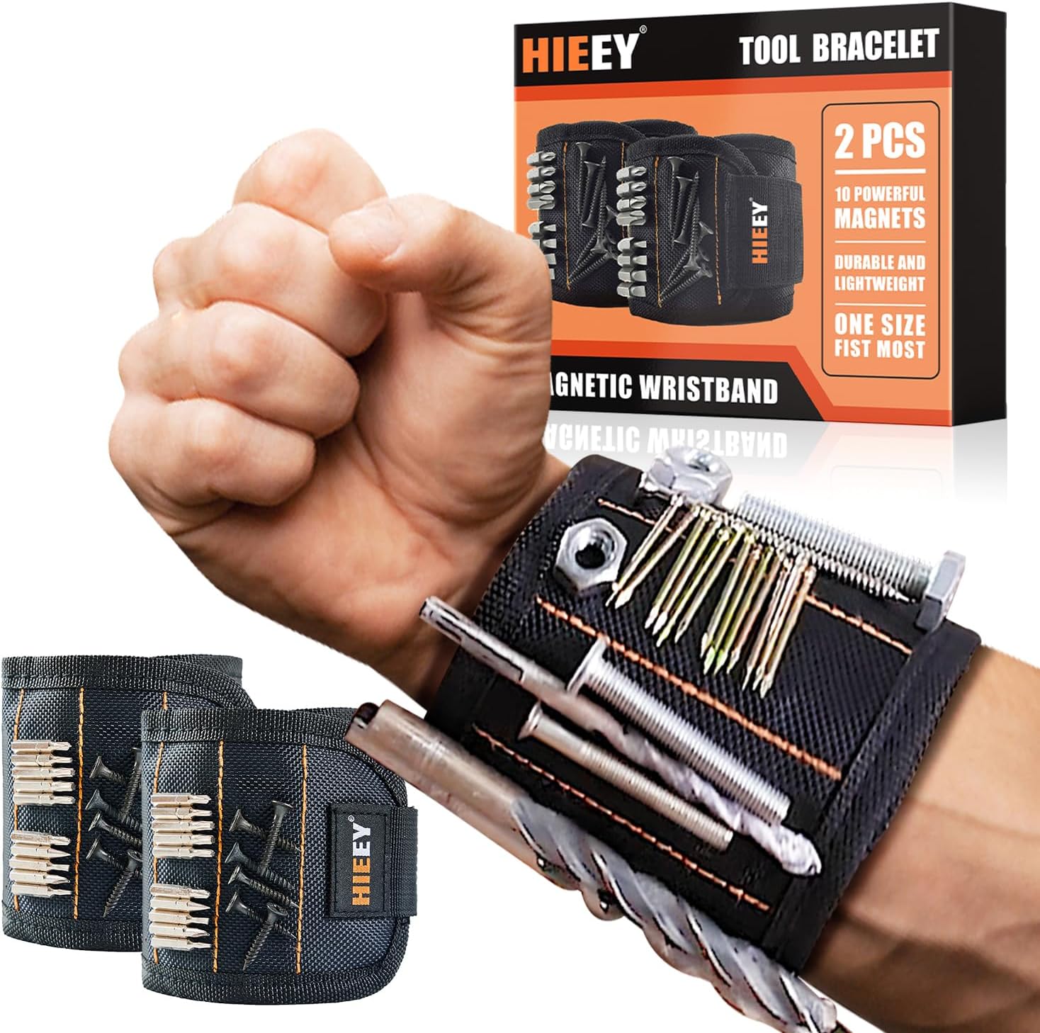 HIEEY 2-Pcs Magnetic Wristband in black polyester with strong magnets for holding screws and nails
