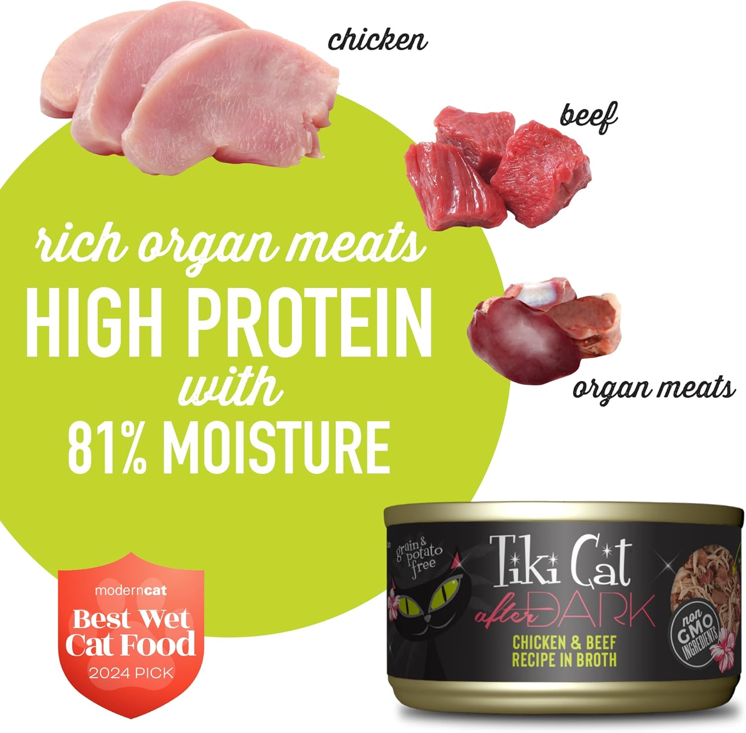 TIKI PETS Cat After Dark grain-free wet food with real meat, low carbohydrate formula, shown in a bowl with cat food.