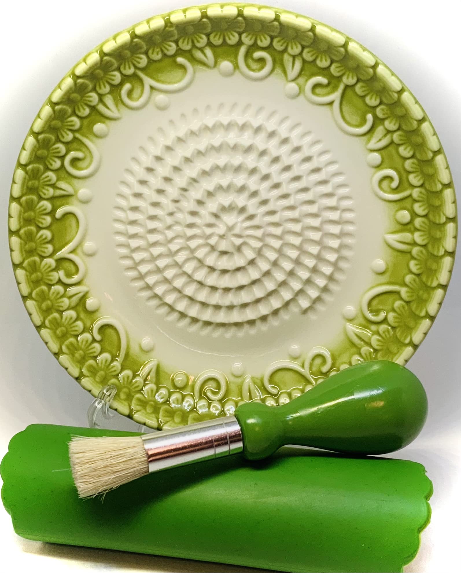 Premium Ceramic Garlic Grater Plate Set - Green Embossed - Product Imagery
