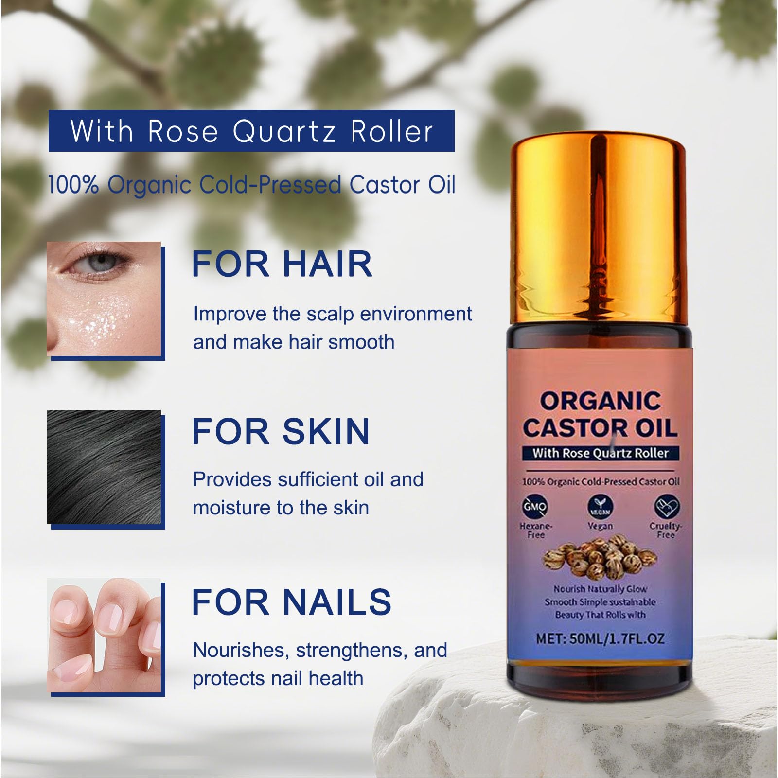 Organic Castor Oil Roll On with Rose Quartz Roller 100 - HTBGAA Official Imagery - 3