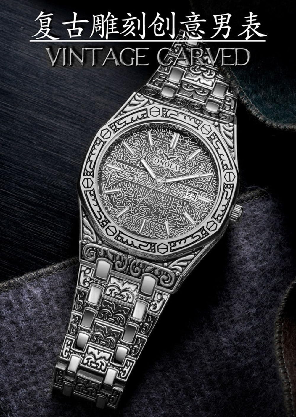 Retro Watches for Men Quartz Watches Tattoo Pattern Carved - HUNRUY Official Imagery - 8