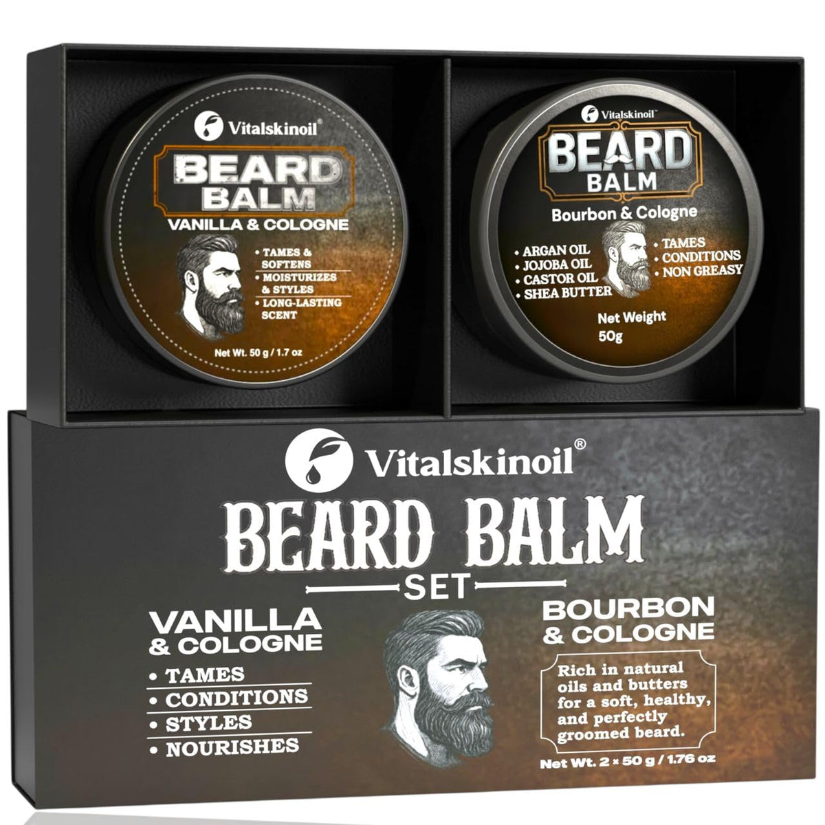 Beard Balm Set for Men Sandalwood Cologne Scented 2 Pack Set - VITALSKINOIL Official Imagery - 2